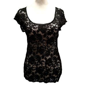 WHBM Black Floral Lace Top with Cap Sleeves Small